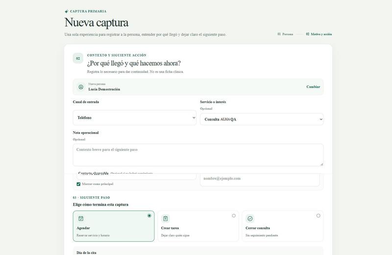Gestión de la clínica: motivo del contacto y siguiente paso (cita, tarea o cierre)