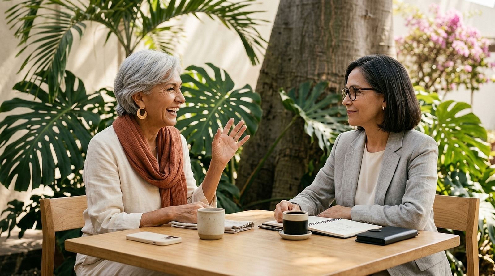 Conversación entre una paciente y una profesional en un jardín