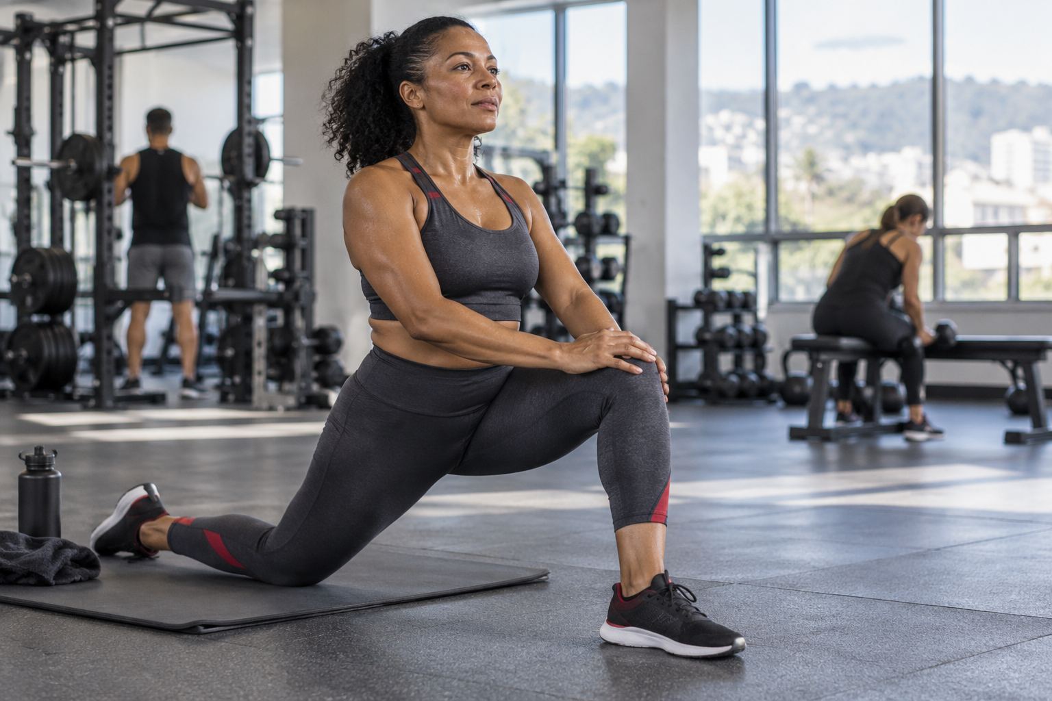 Mujer entrenando en una sala con ventanales (imagen generada para el proyecto)