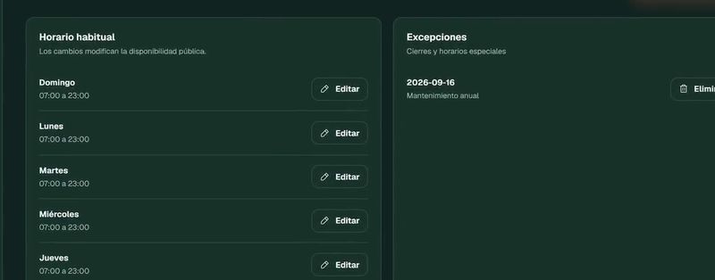 Horarios habituales y excepciones